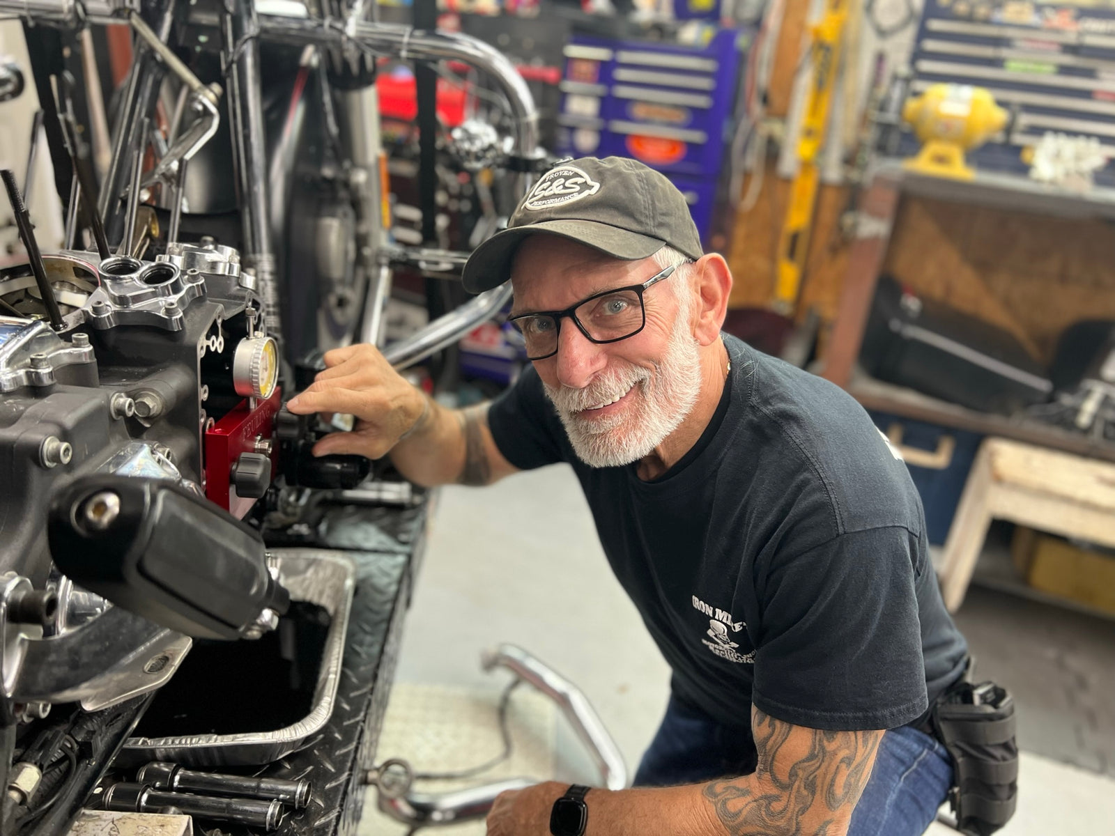 Mike "Iron Mike" Peterson at the bench in his shop, Bacliff TX